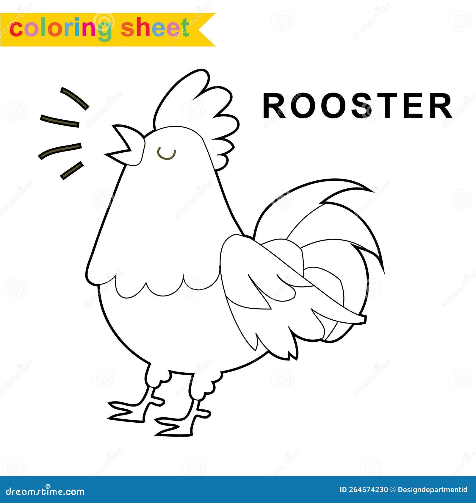 Cute farm animal easy coloring page cute and funny rooster crowing cartoon character stock vector