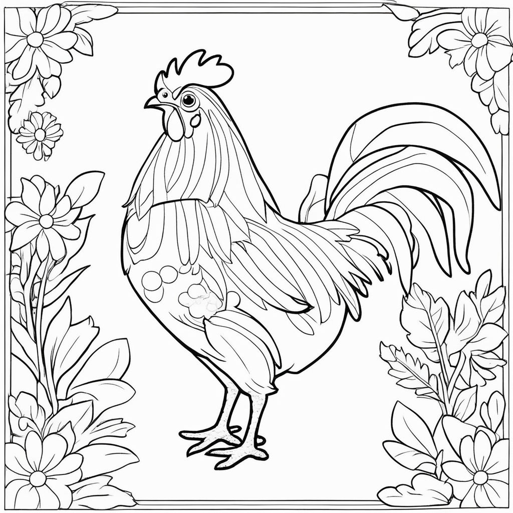 Containing a simple line drawing of chicken facing towards the middle side of the image that can be easily printed and colored by individuals in art therapy exercises