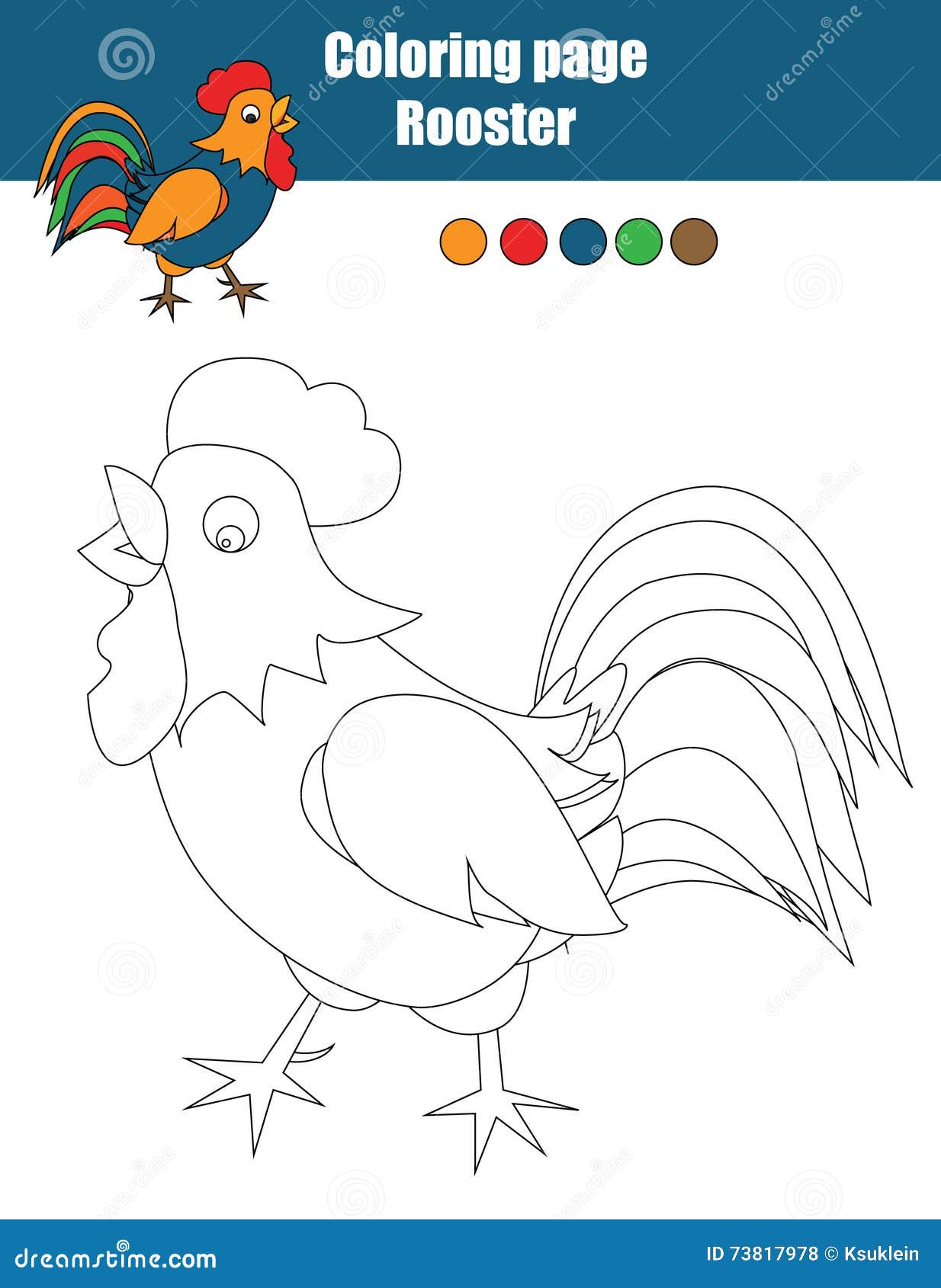 Coloring page with rooster educational game drawing kids activity stock vector