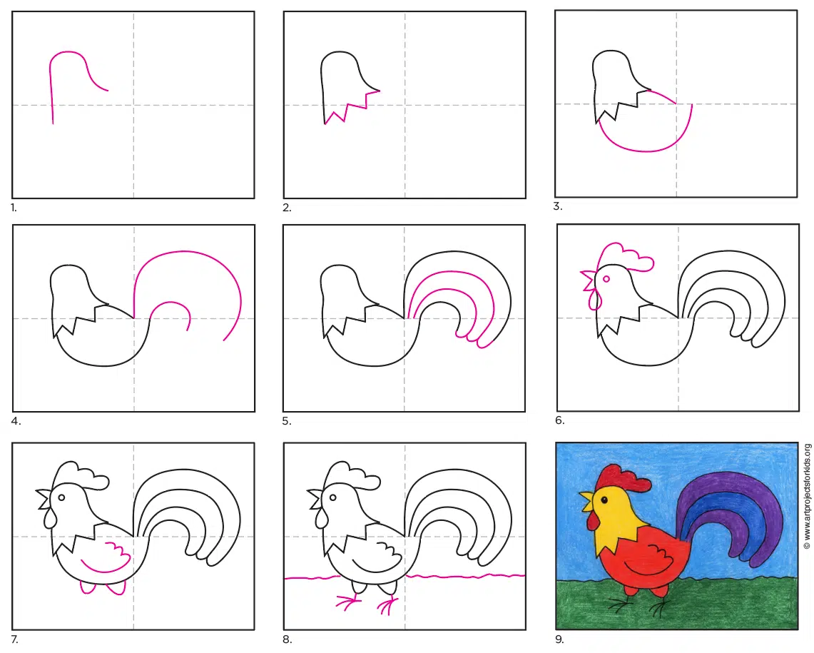 Easy how to draw a rooster tutorial