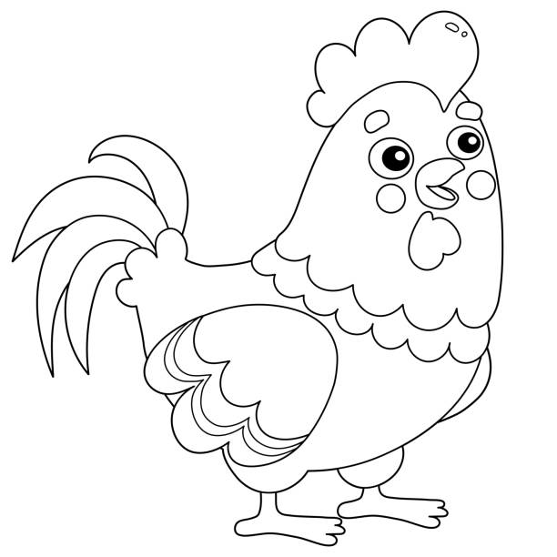 Coloring page outline of cartoon rooster farm animals coloring book for kids stock illustration