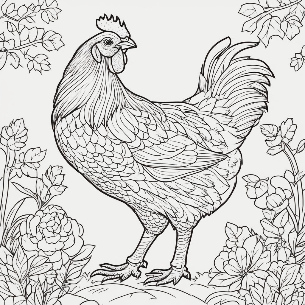 Containing a simple line drawing of chicken facing towards the middle side of the image that can be easily printed and colored by individuals in art therapy exercises