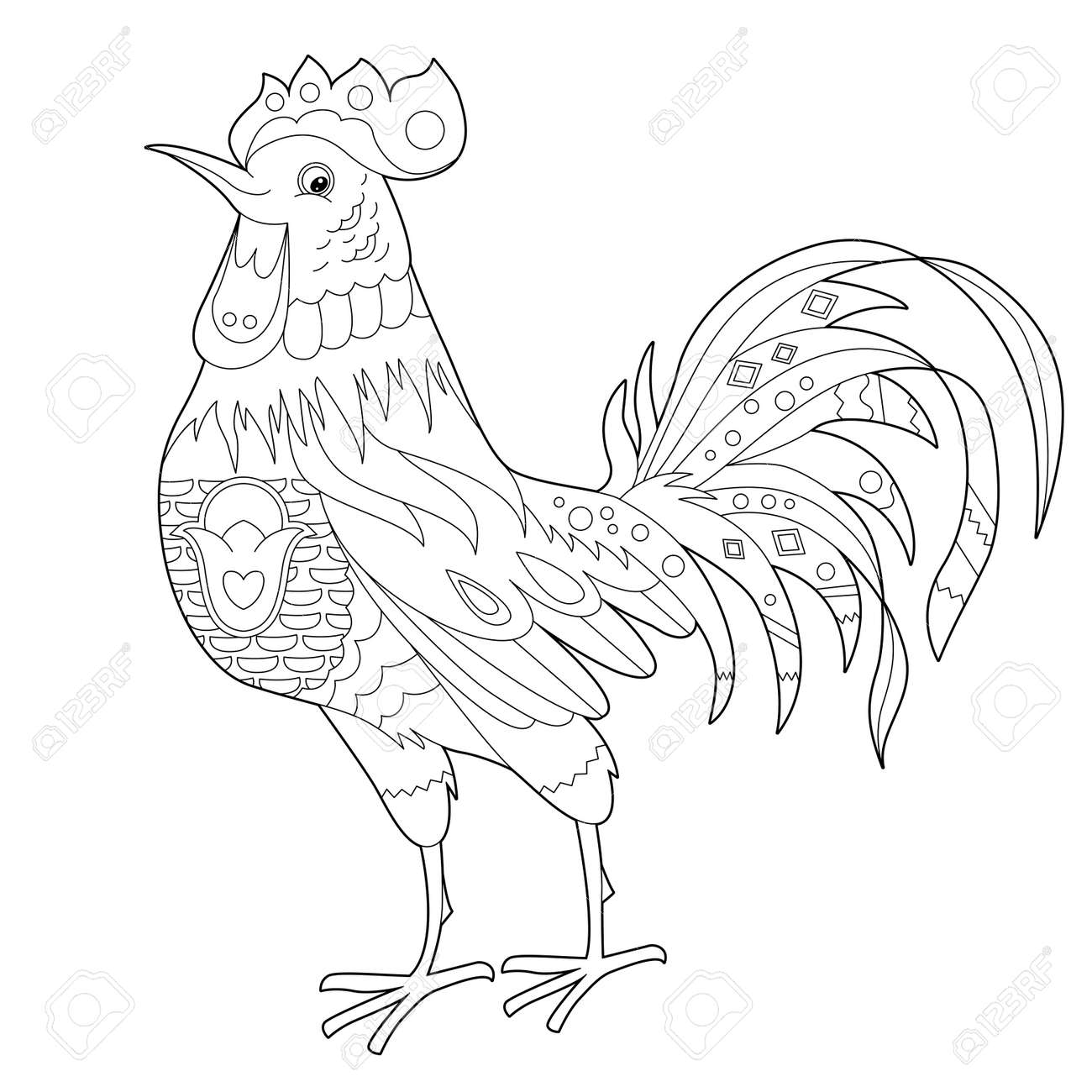 Contour linear illustration for coloring book with decorative pretty rooster beautiful cute bird anti stress picture line art design for adult or kids in zen