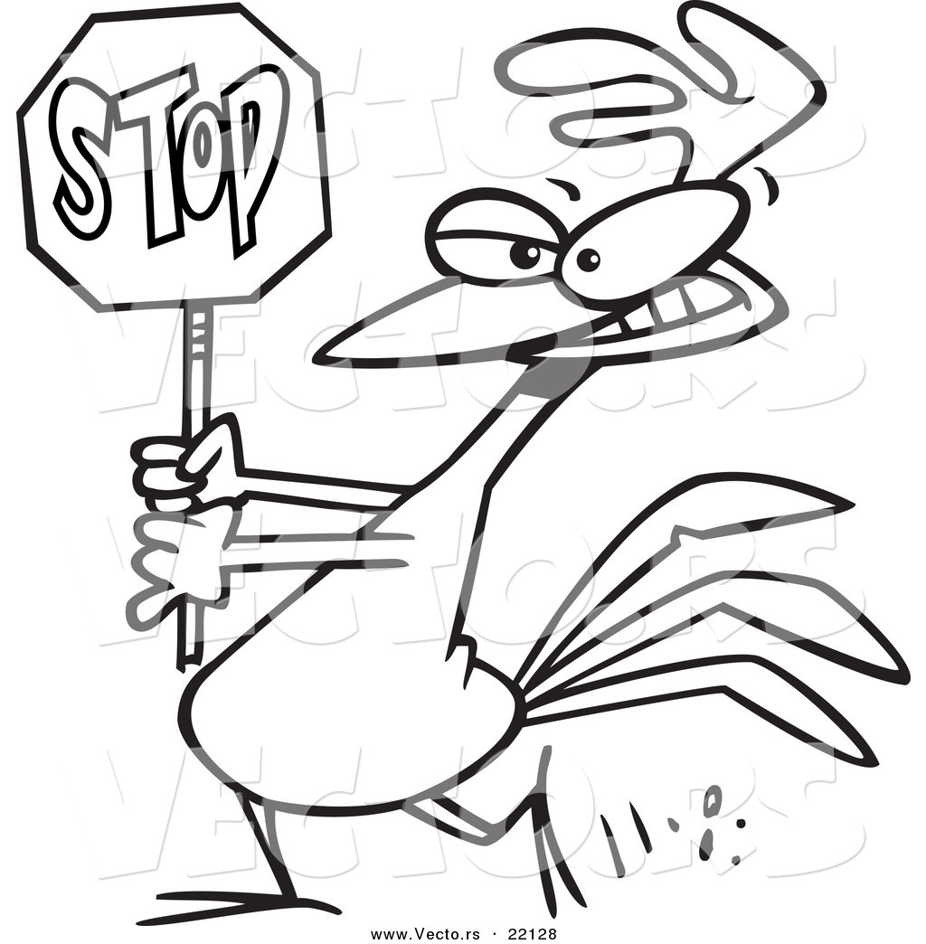 R of a cartoon rooster carrying a stop sign