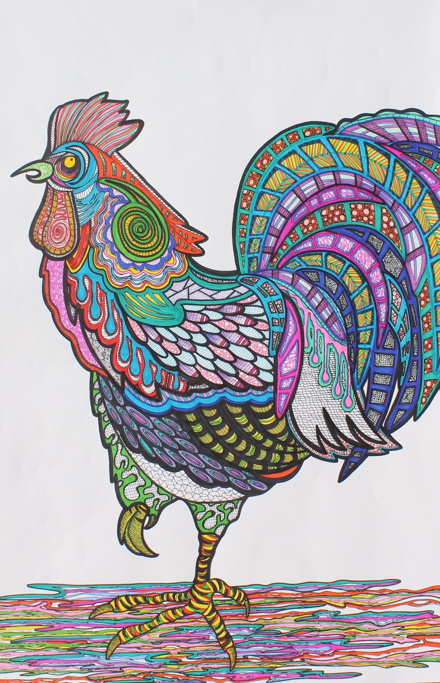 Stunning rooster artwork with sharpie and zentangle technique