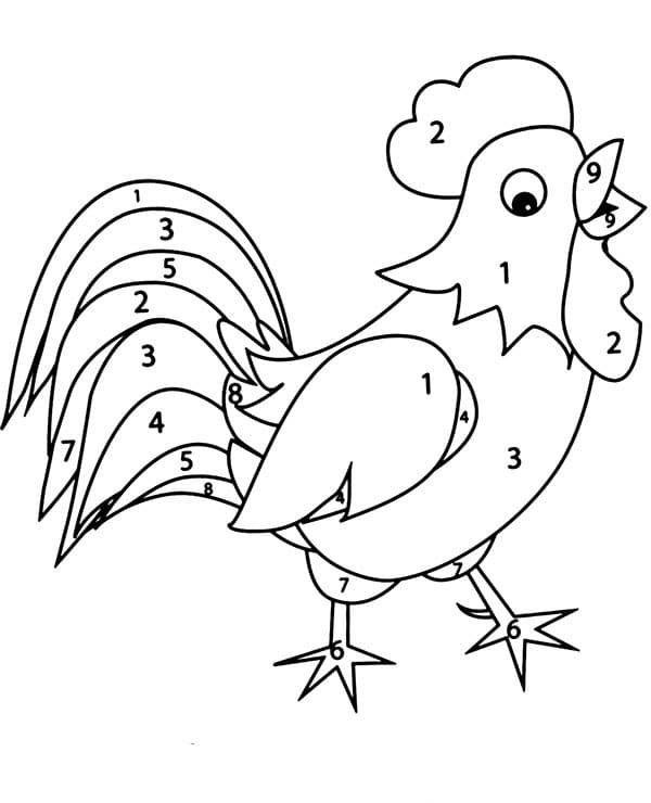 Coloring page by numbers with a simple drawing of a rooster animal coloring books coloring pages coloring books