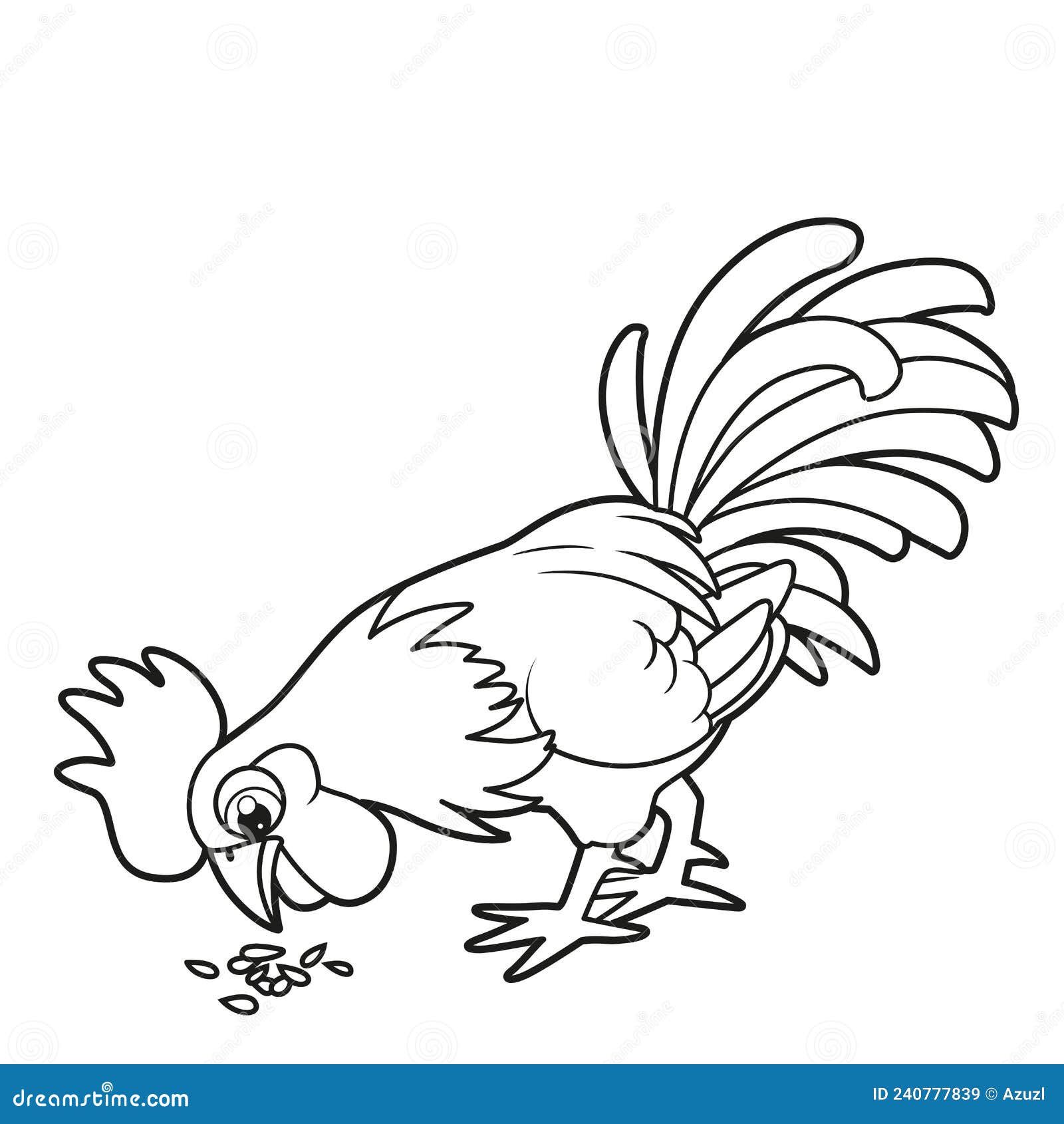 Cute cartoon rooster pecks grain from the ground outlined for coloring book on white stock vector