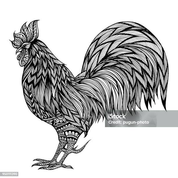 Printhanddrawn rooster with ethnic doodle pattern coloring book page isolated on a white background vector illustration stock illustration