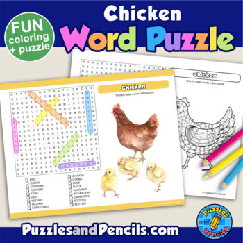 Chicken word search puzzle and coloring activity page by puzzles and pencils