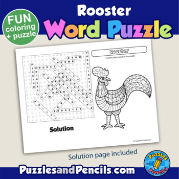 Rooster word search puzzle and coloring activity page by puzzles and pencils