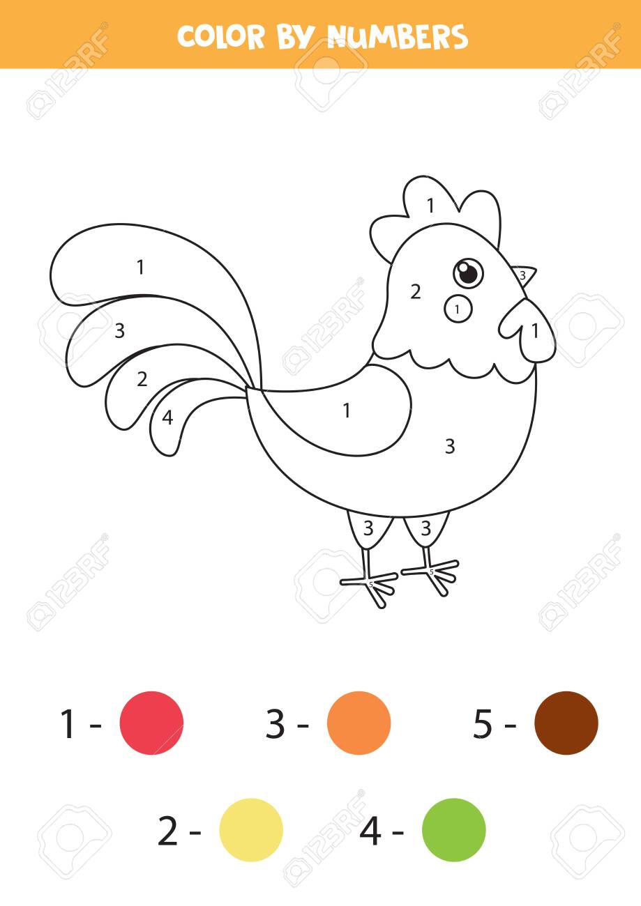 Color cute cartoon rooster by numbers educational worksheet for kids coloring page for preschool children math game learning to draw and to count royalty free svg cliparts vectors and stock illustration image