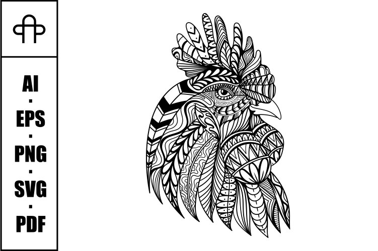 Rooster chicken head mandala zentangle coloring page