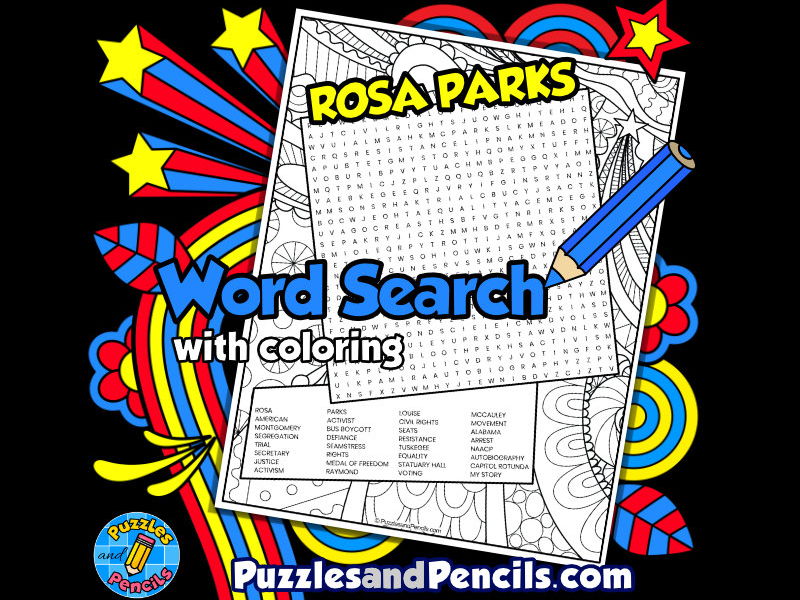 Rosa parks word search puzzle with colouring womens history month wordsearch teaching resources