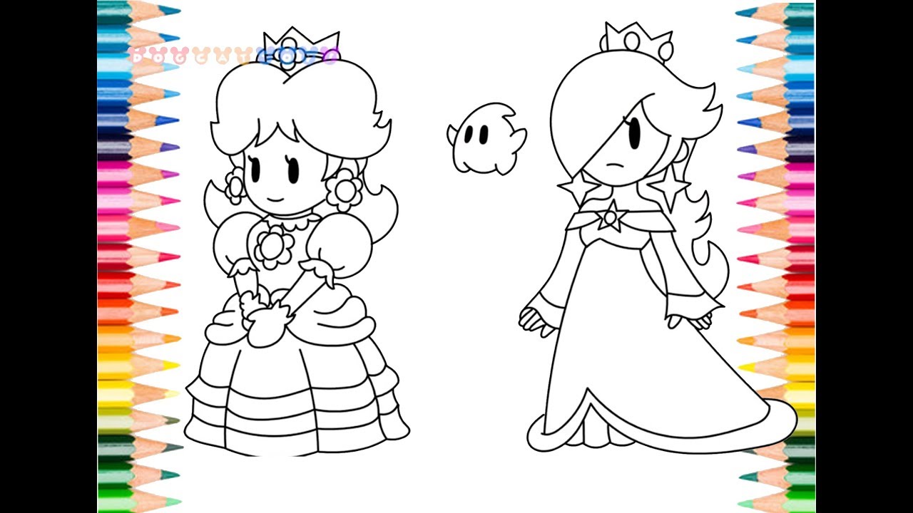 How to draw super mario paper priness daisy rosalina coloring pages for kids learning