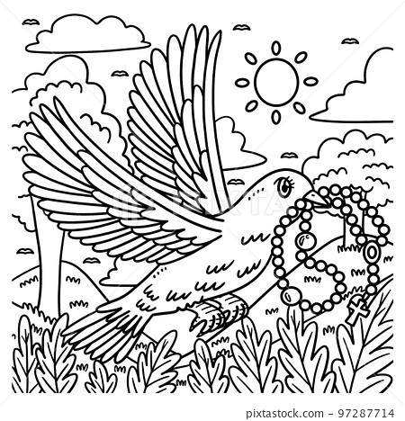 Christian dove with rosary coloring page for kids