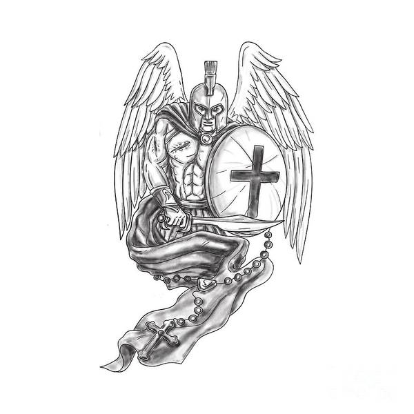 Spartan warrior angel shield rosary tattoo art print by aloysius patrimonio