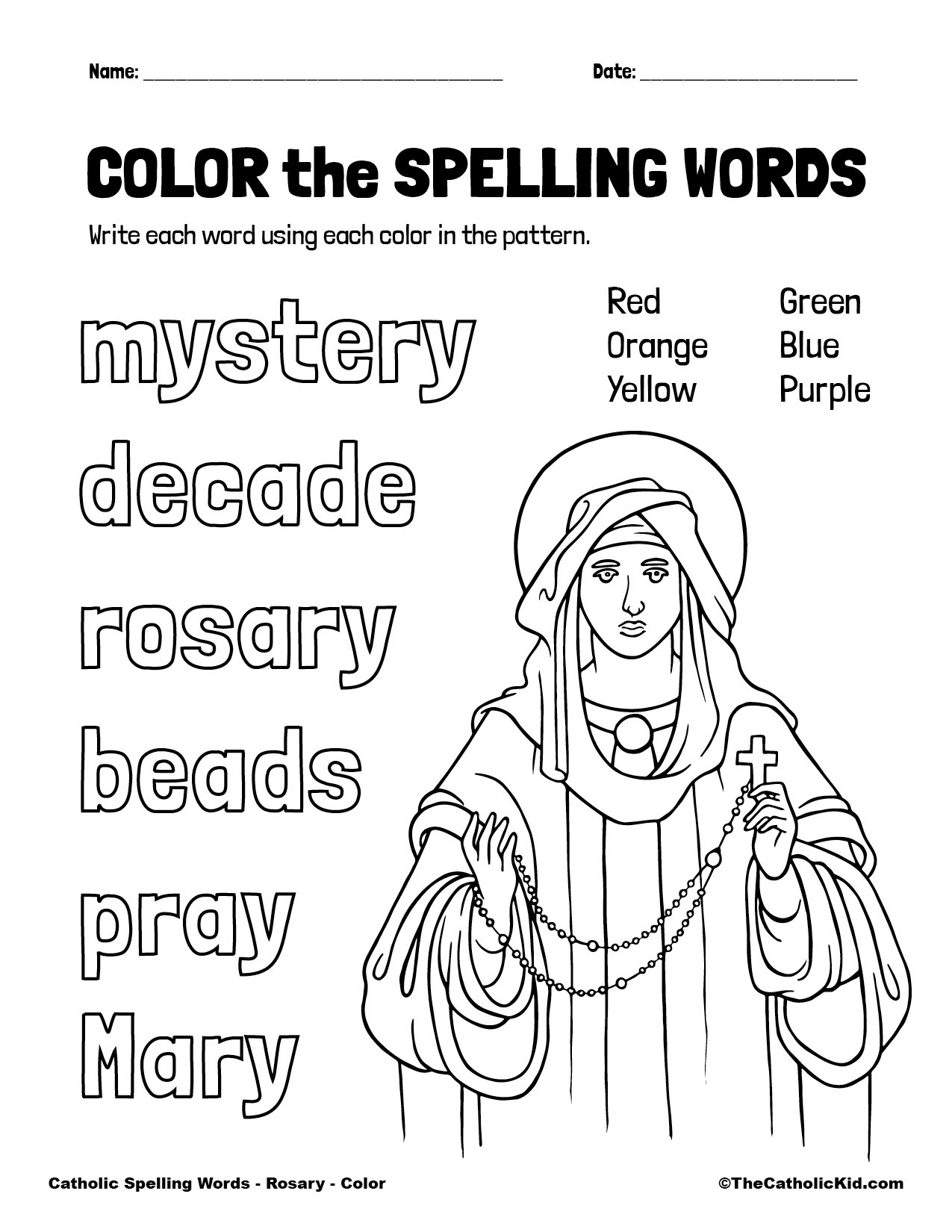 Catholic spelling vocabulary words rosary worksheets