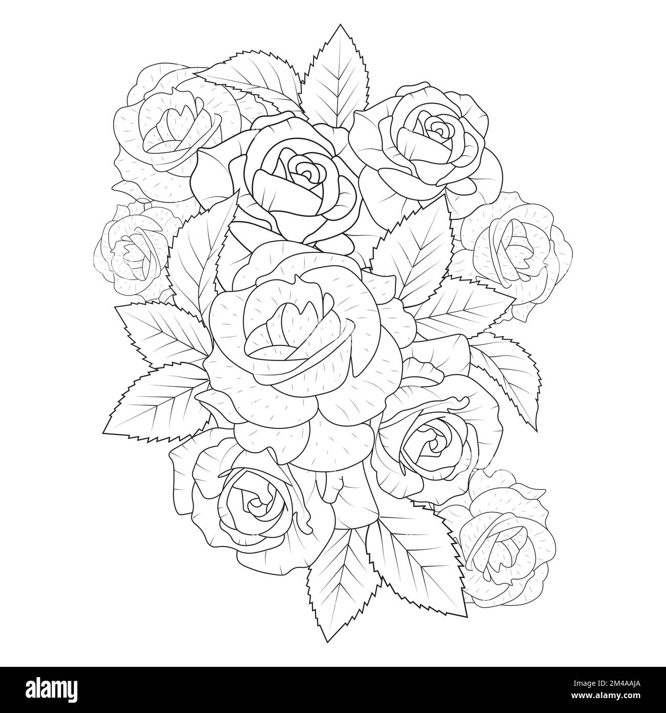 Adult coloring book page of pink rose illustration with leaves and pencil sketch drawing stock vector image art