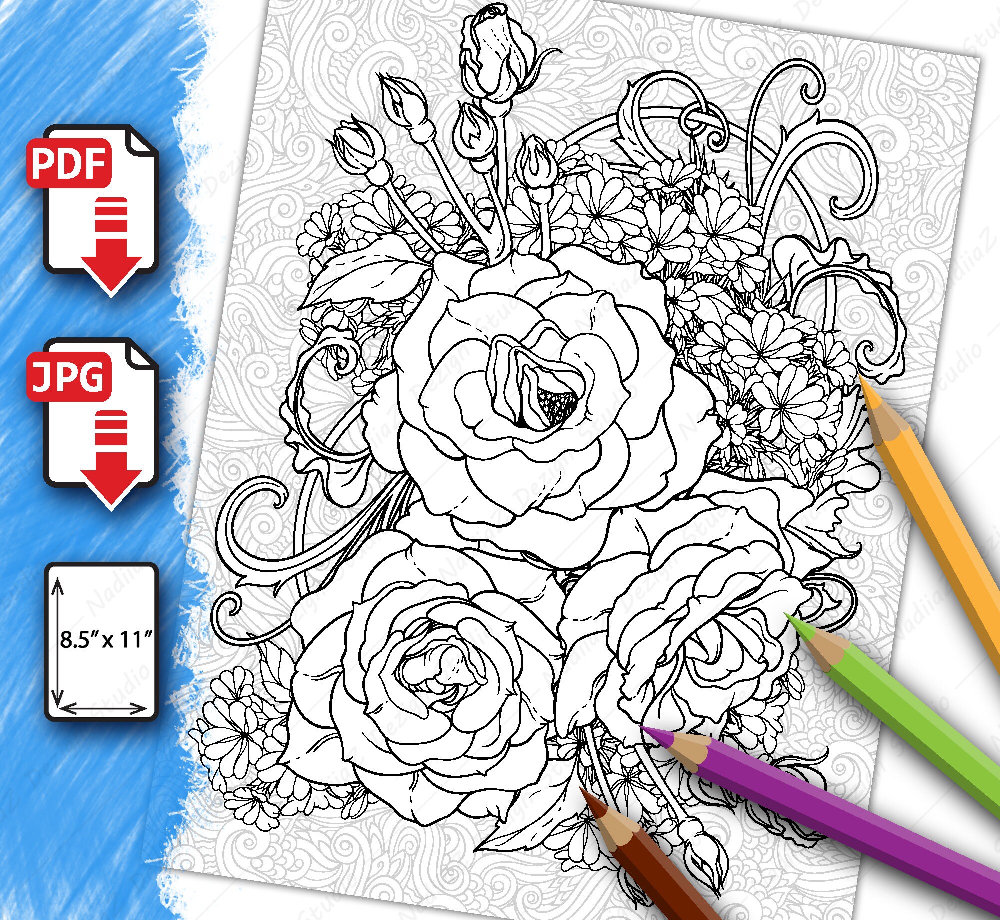 Adult botanical oloring page of roses pdf printable coloring page digital download