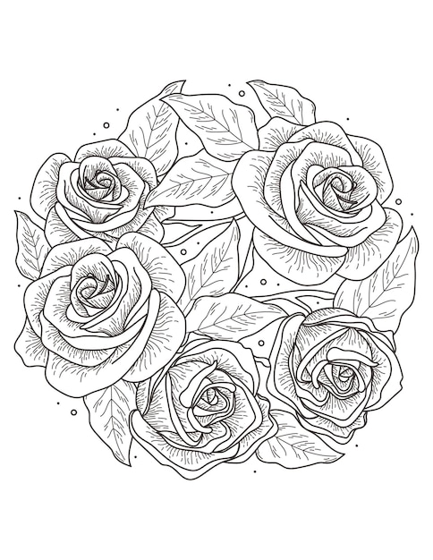 Premium vector rose flower and leaf wreath hand drawn mandala coloring pages for adults and kids coloring book