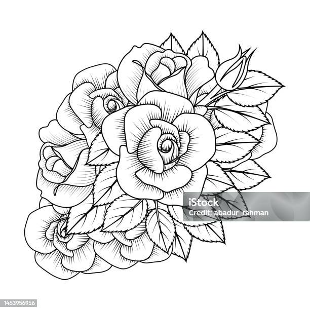 Adult coloring book page of pink rose illustration with leaves and pencil sketch drawing stock illustration