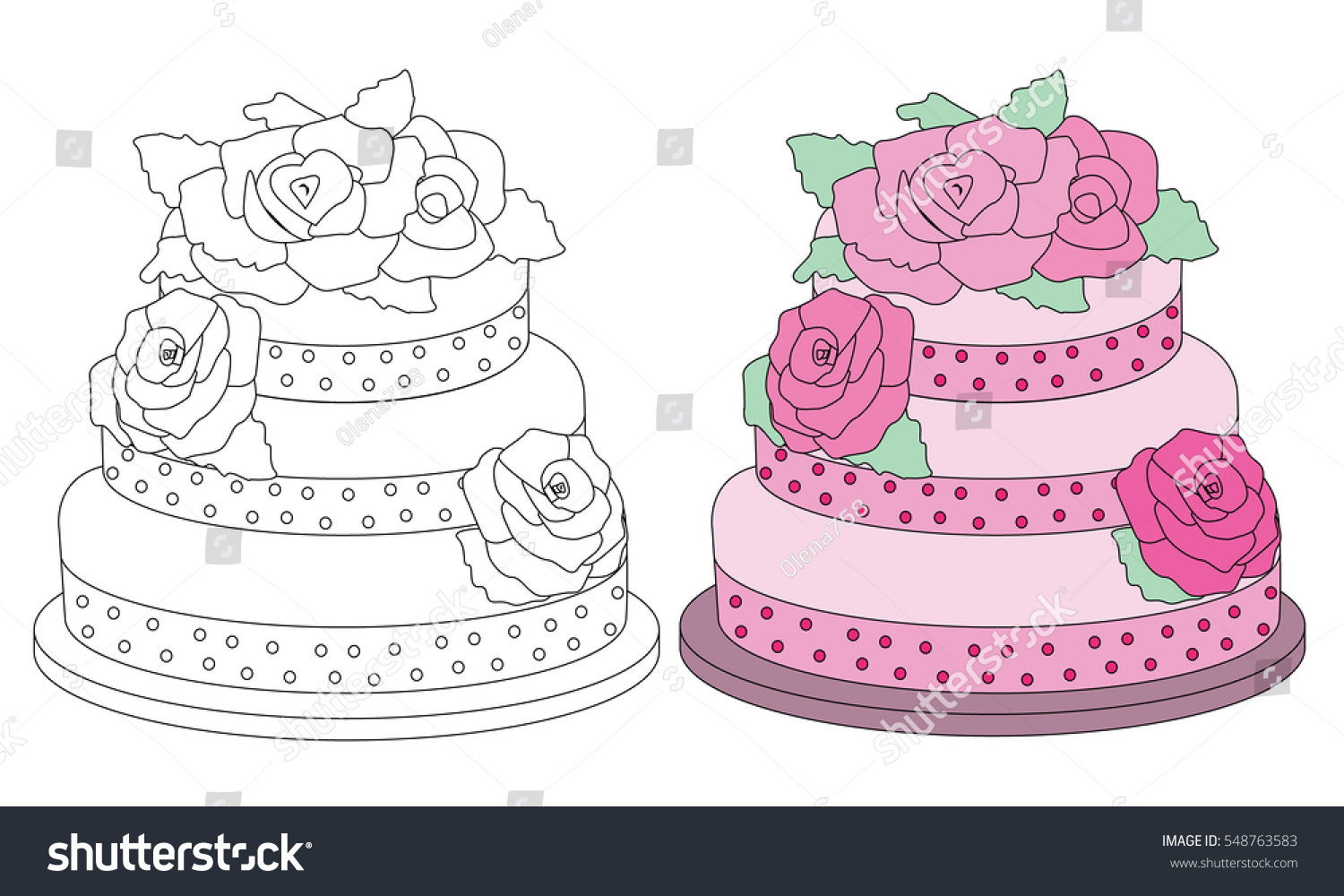 Pink cake roses coloring book page stock vector royalty free