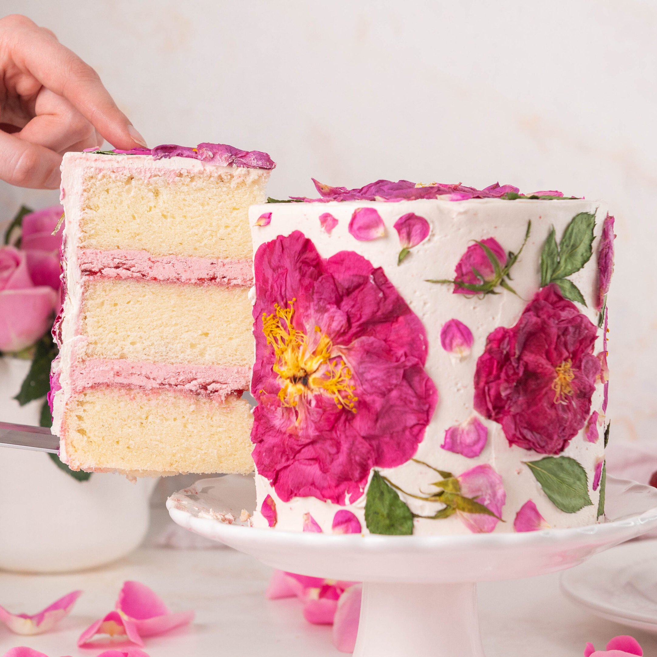 Rose cake made with real pressed flowers