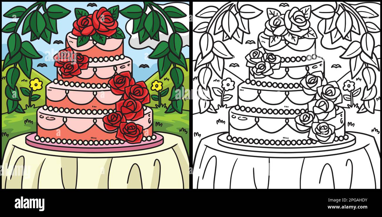 Wedding cake coloring page colored illustration stock vector image art