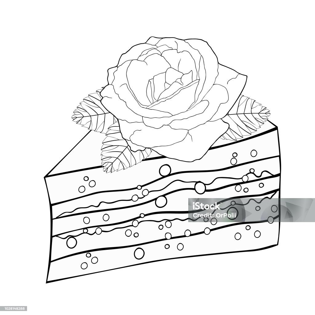 Cake a piece with a rose flower vector illustration stock illustration