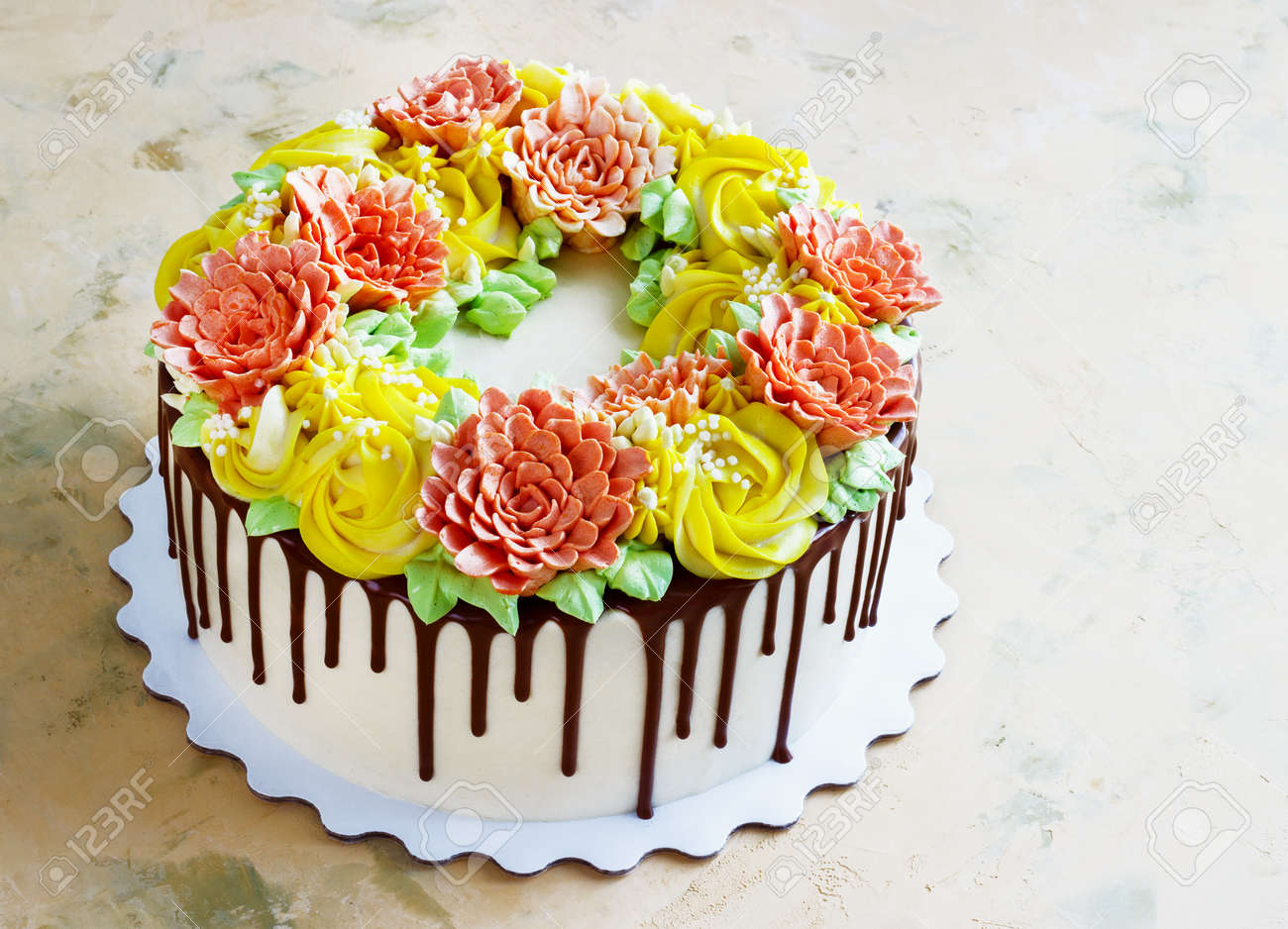 Birthday cake with flowers rose on color background stock photo picture and royalty free image image