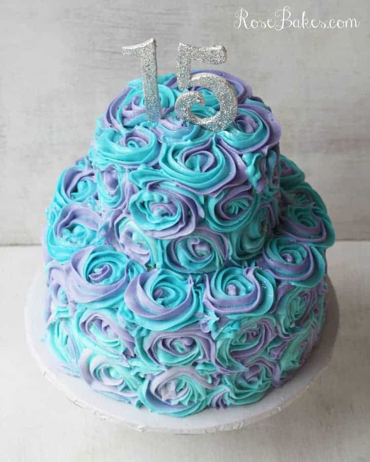 Teal lavender swirled buttercream roses th birthday cake