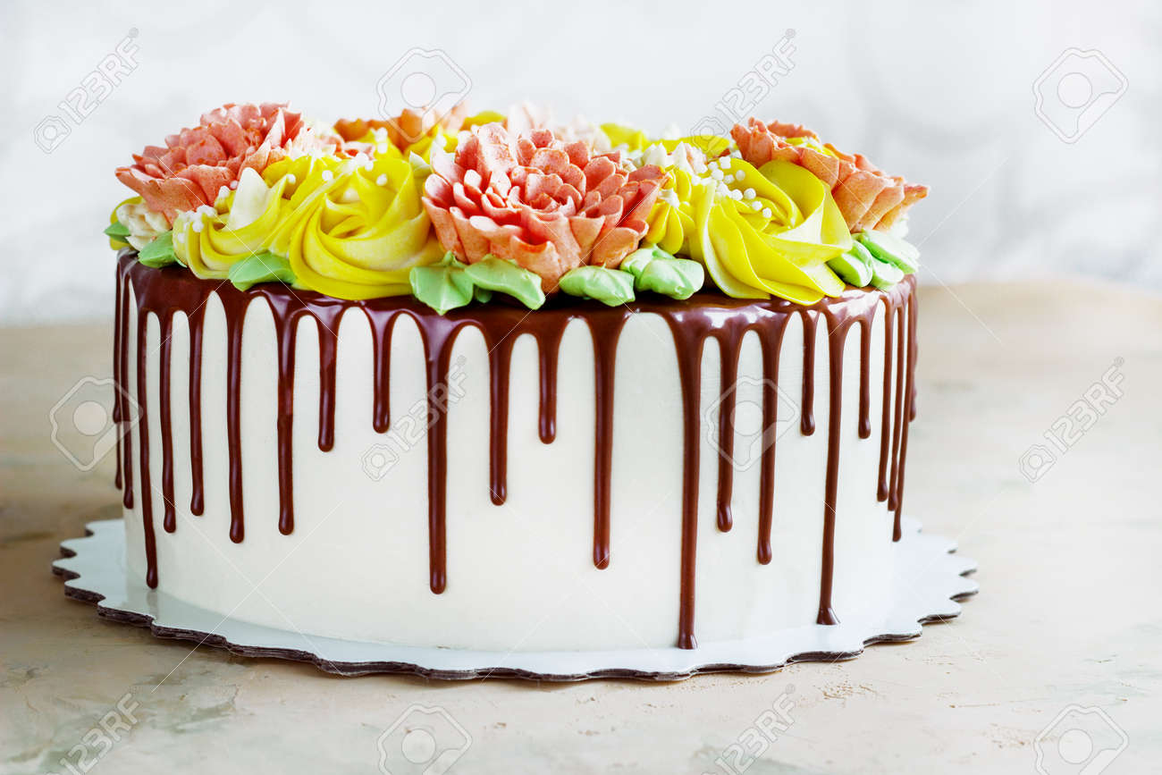 Birthday cake with flowers rose on color background stock photo picture and royalty free image image