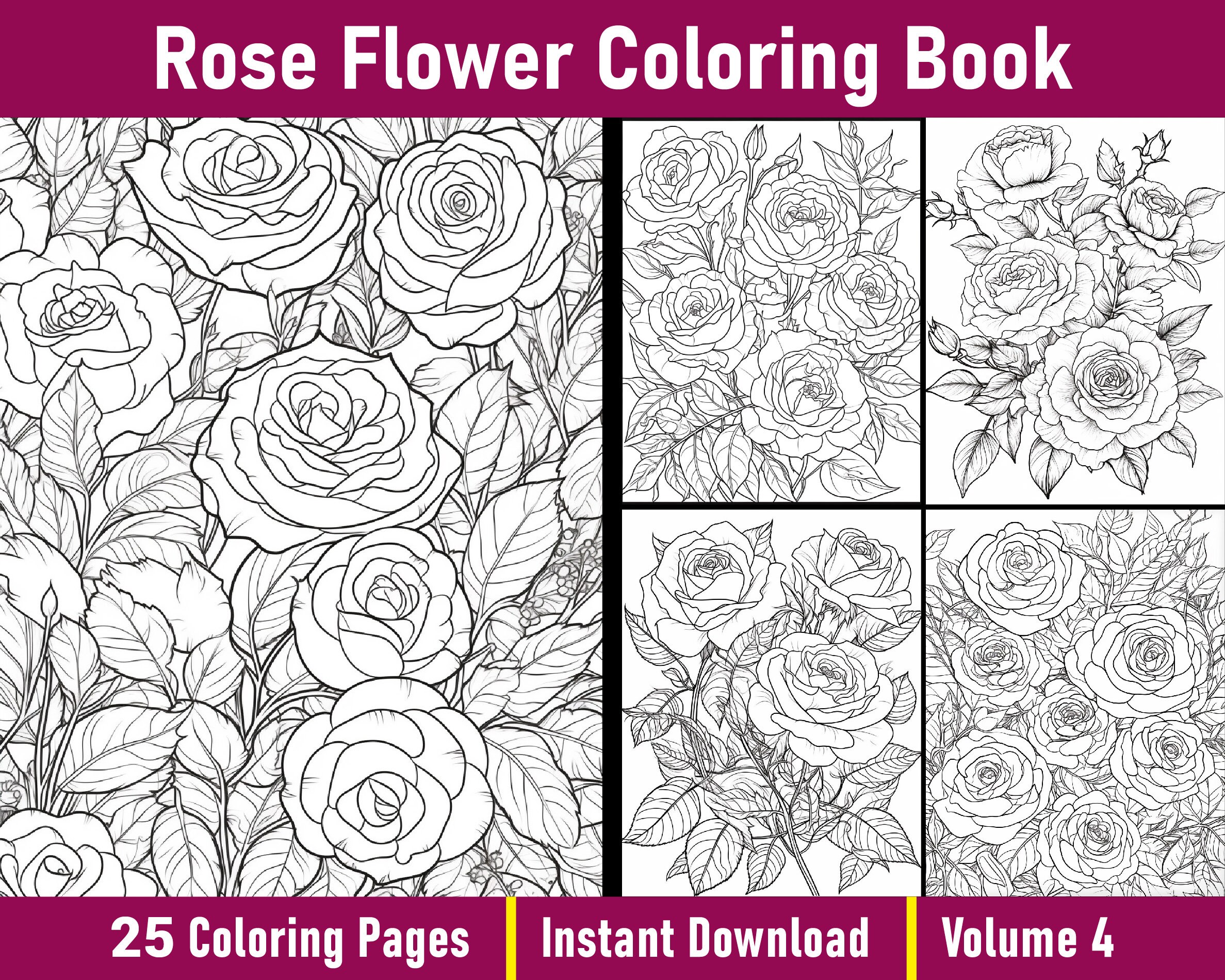 Rose flower coloring book volume rose coloring page for kids printable grayscale coloring book for adults instant download pdf file