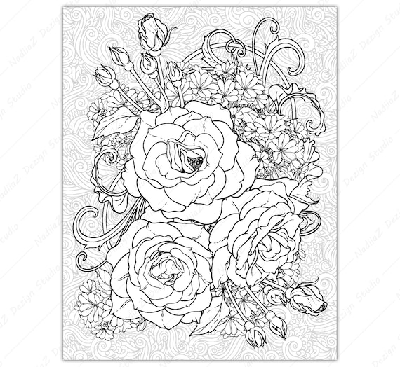 Adult botanical oloring page of roses pdf printable coloring page digital download