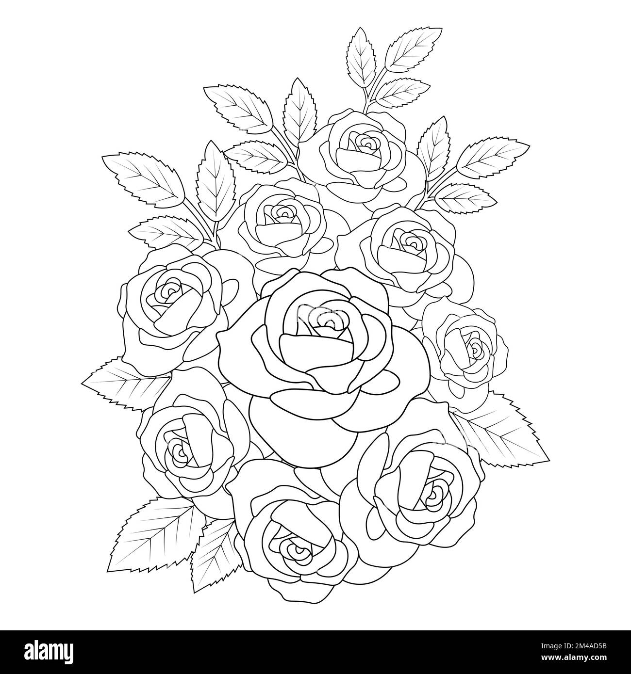 Adult coloring book page of pink rose illustration with leaves and pencil sketch drawing stock vector image art