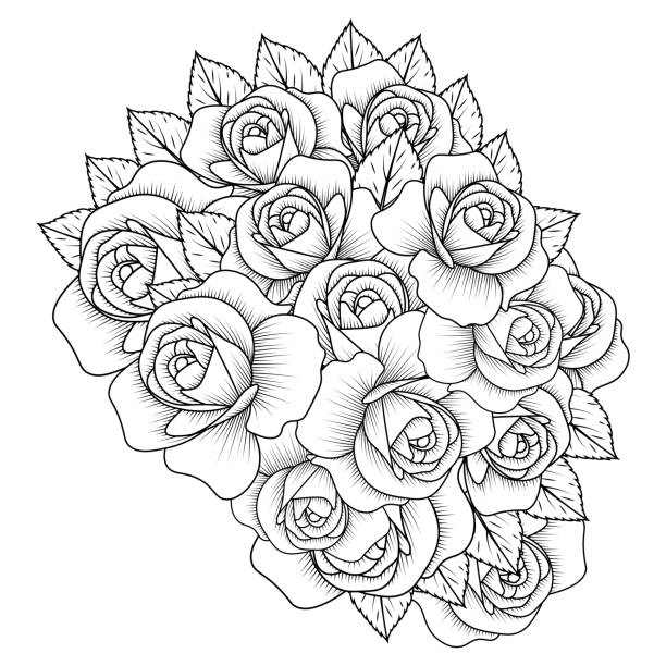 Rose flower coloring page dot line art with doodle style adult coloring book illustration stock illustration