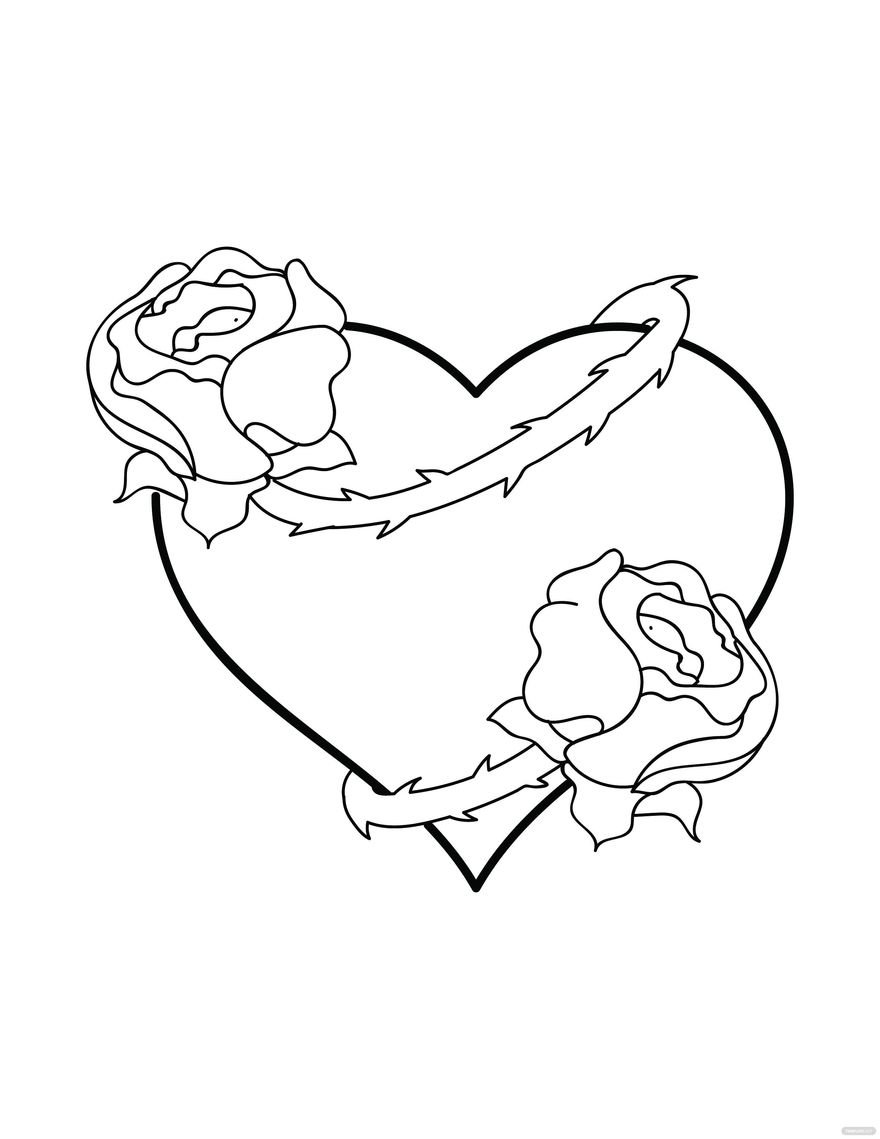 Free heart and rose coloring page for adults