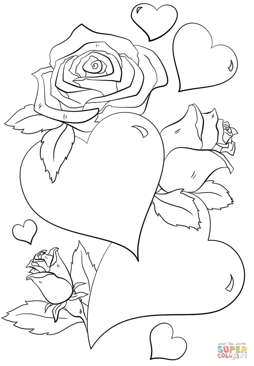 Hearts and roses coloring page free printable coloring pages