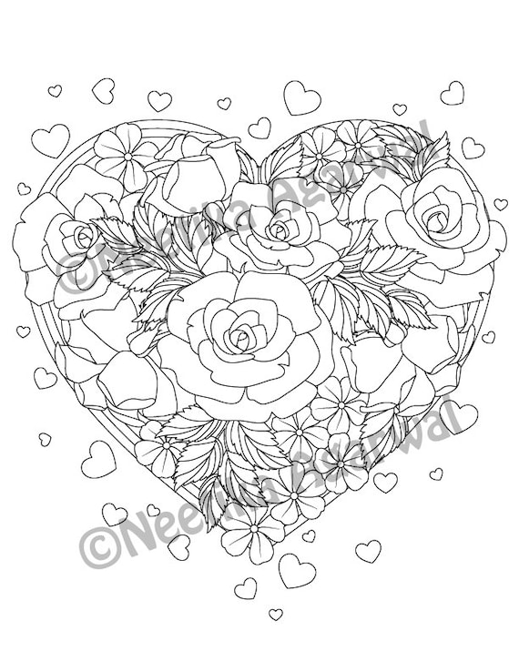 Rose heart valentine adult coloring page valentines day coloring page printable coloring page digital download