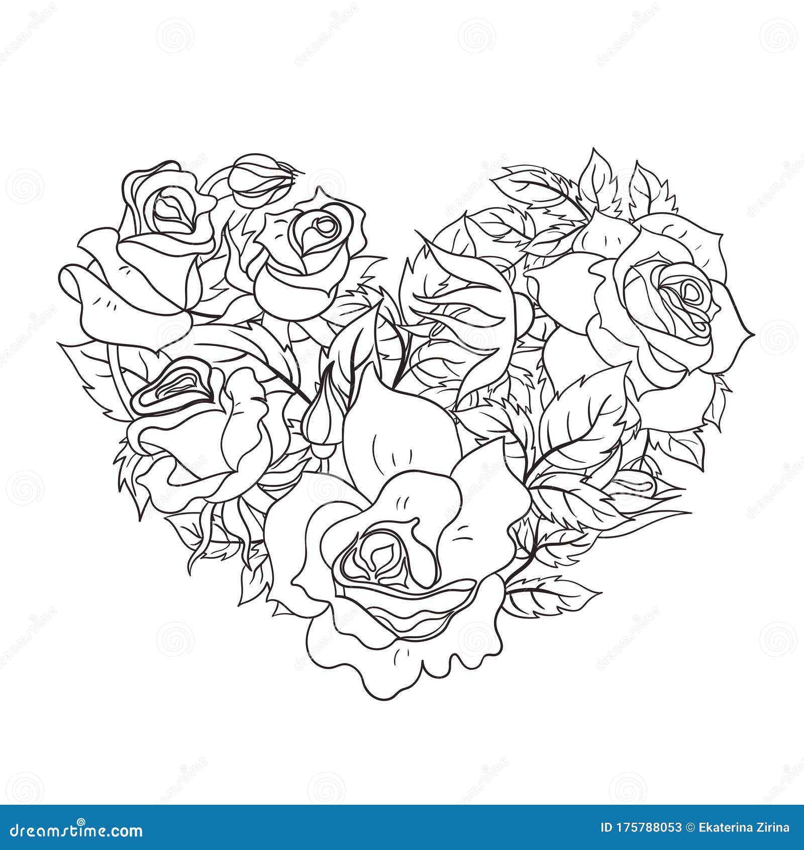 Coloring page with roses in the shape of a heart vector graphics stock illustration