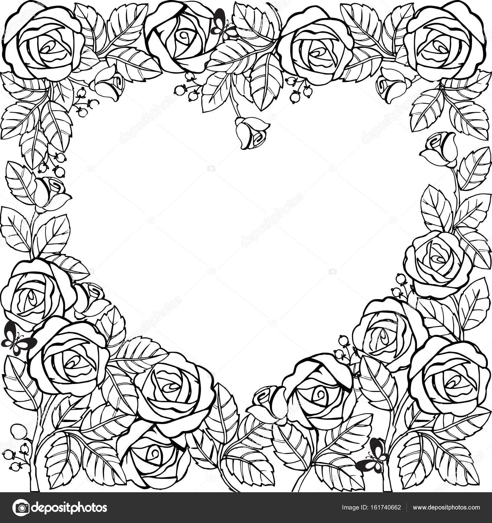 Flower frame with roses and heart flower frame for coloring page stock vector by yeresko