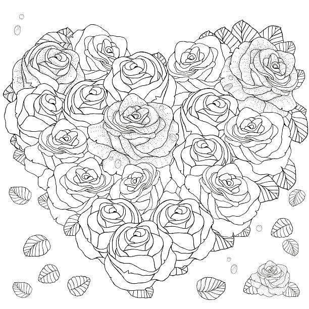 Heartshaped pattern for coloring book with roses stock illustration