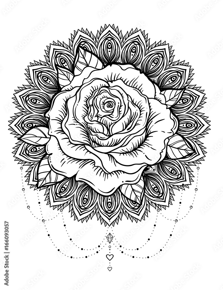 Hand drawn rose flower over ornate round pattern mandala vector illustration isolated on white invitation element coloring book pages for kids and adults vector
