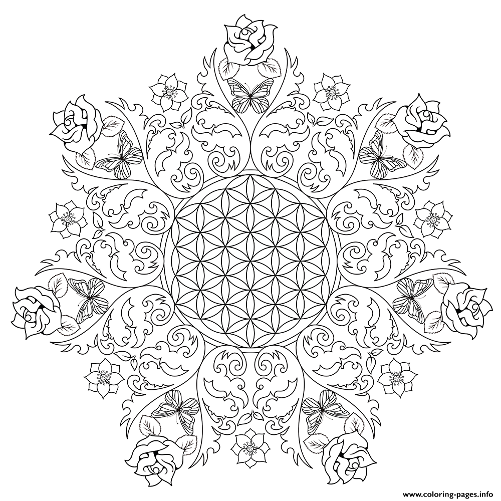 Complex flower rose mandala coloring page printable