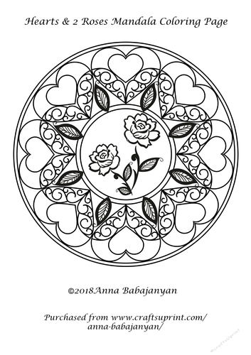 Hearts roses mandala coloring page