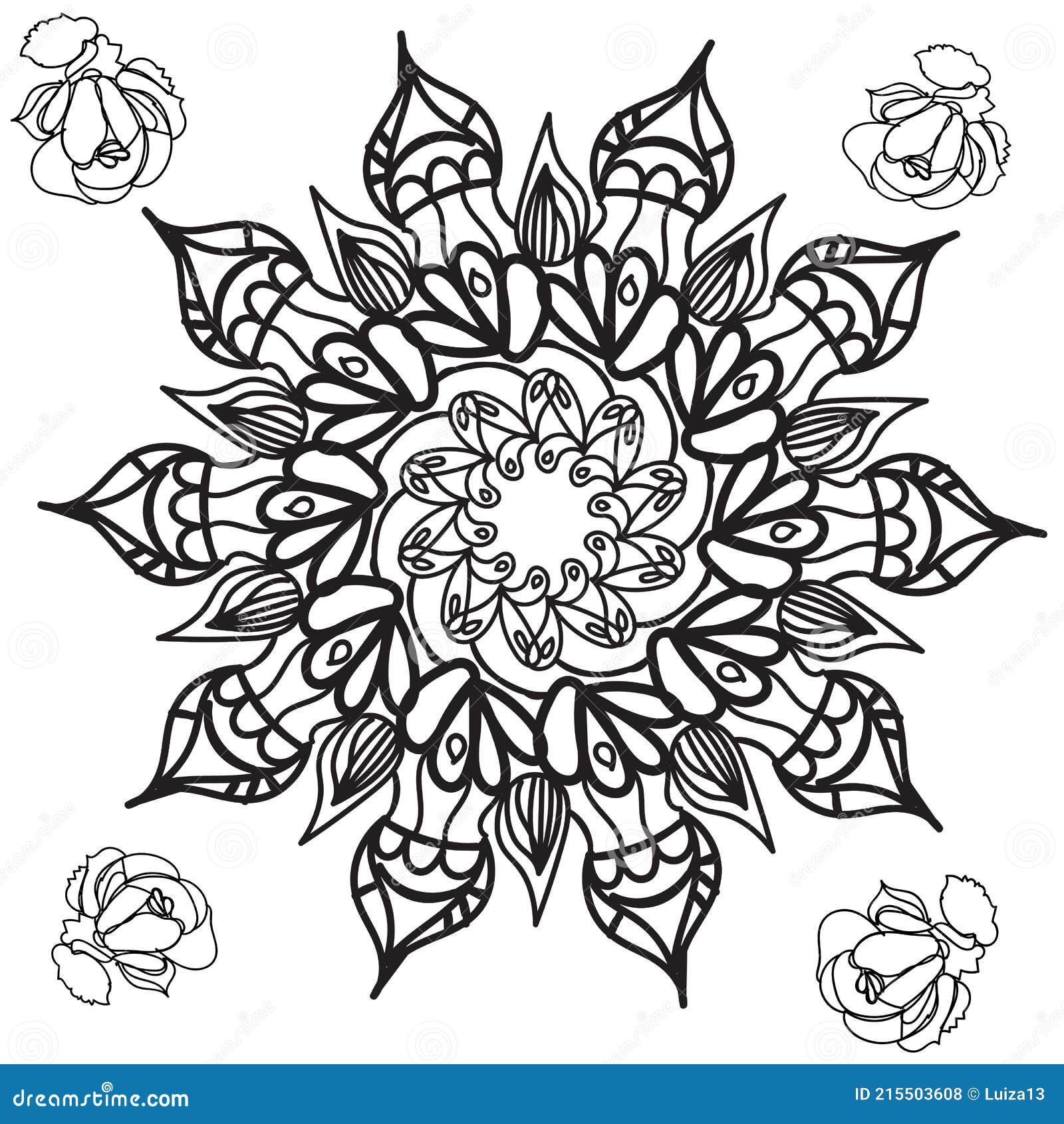 Coloring page with mandala and roses for adult coloring book hand drawn illustration stock vector