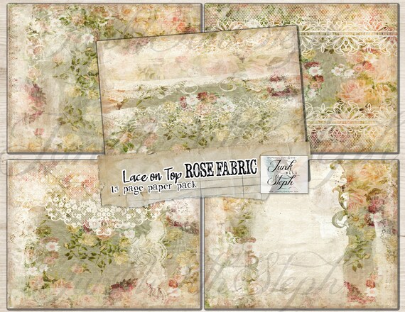 Rose fabric lace on top paper pack page color textured background creamy lace instant download printable junk journal pages scrapbook