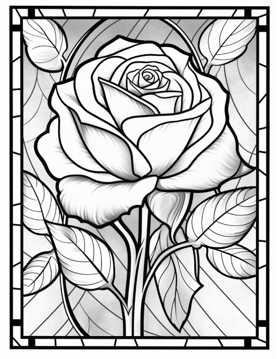 Digital stained glass flower coloring pages for adults designs instant download