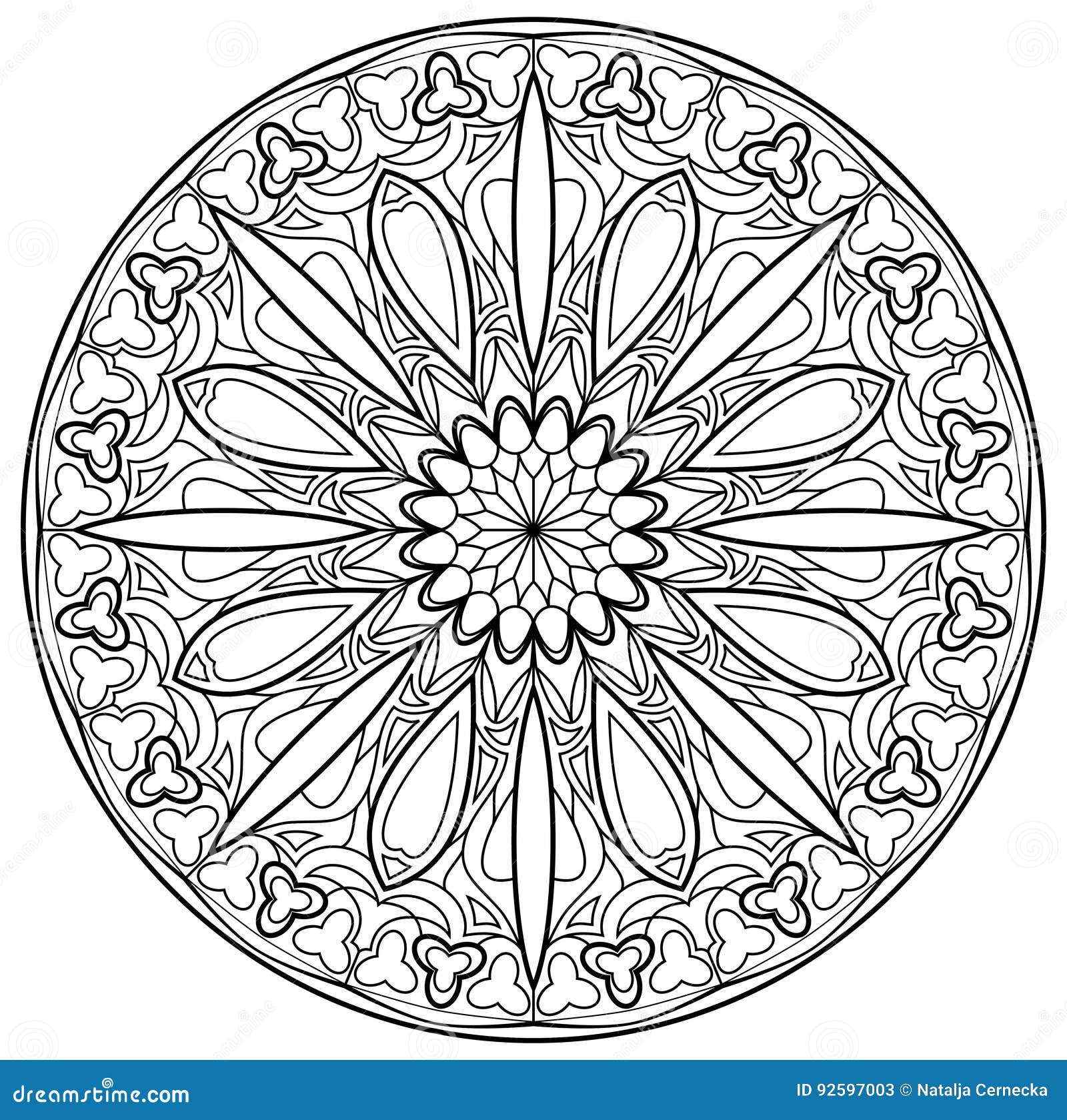 Black and white page for coloring fantasy drawing of beautiful gothic rose window with stained glass in medieval style stock vector