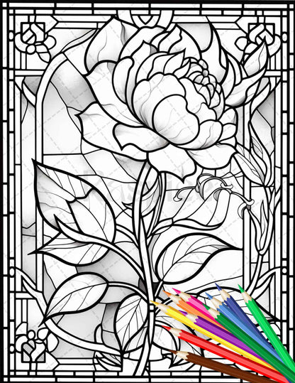 Stained glass flowers grayscale coloring pages printable for adults â coloring